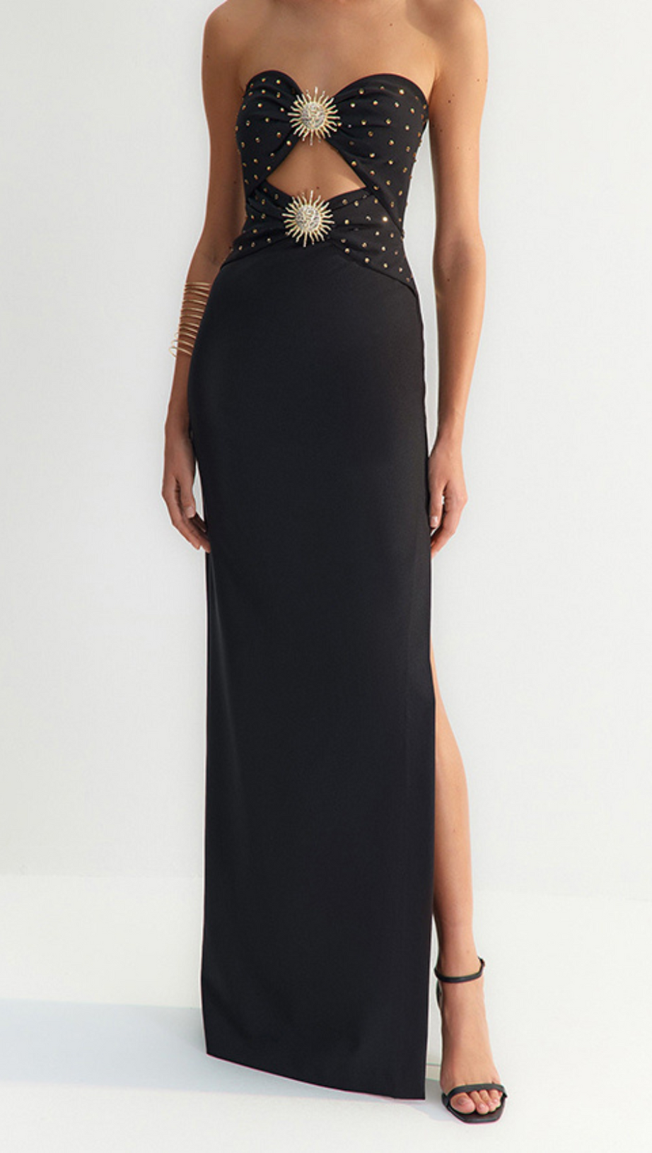 OFF-SHOULDER CRYSTAL CUTOUT BANDAGE DRESS IN BLACK