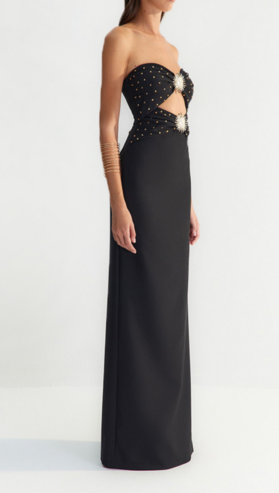 OFF-SHOULDER CRYSTAL CUTOUT BANDAGE DRESS IN BLACK