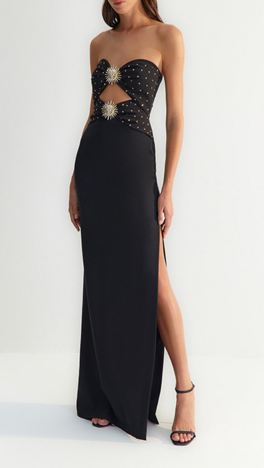 OFF-SHOULDER CRYSTAL CUTOUT BANDAGE DRESS IN BLACK