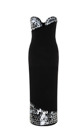 CORSET SEQUIN MIDI DRESS IN BLACK