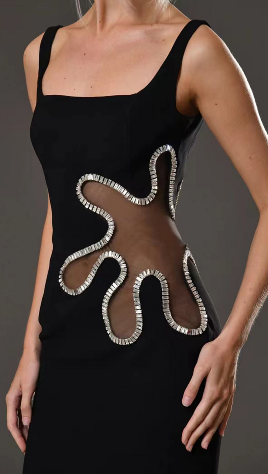 HOLLOW OUT PATCHWORK SHINY DIAMOND DRESS