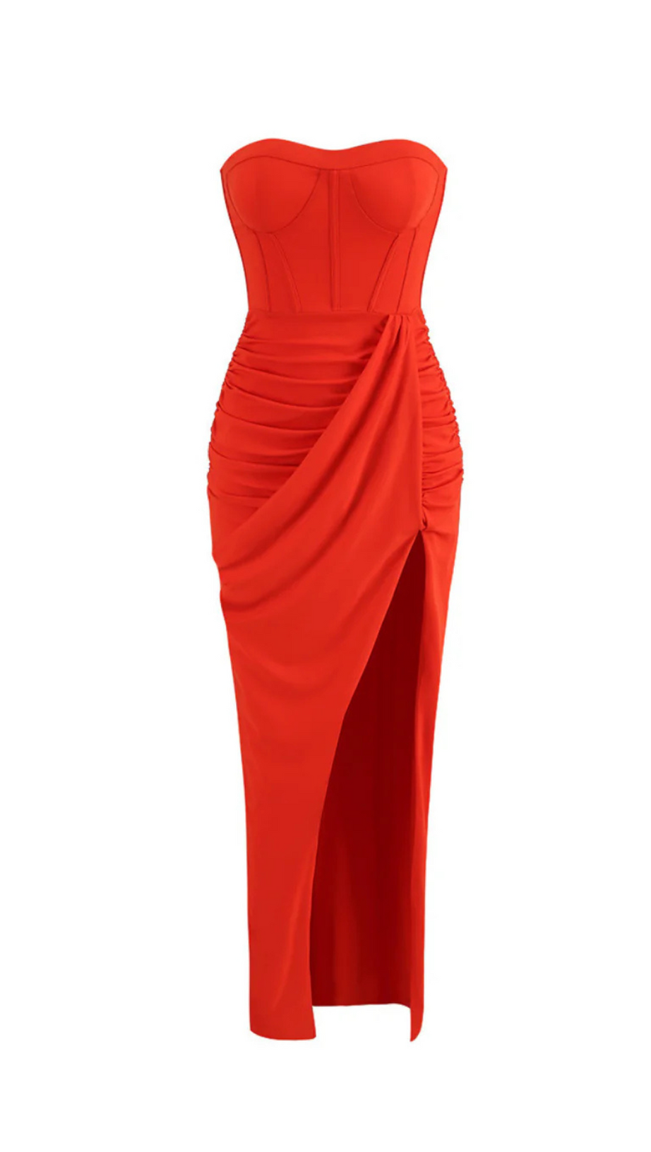 STRAPLESS RUCHED DRESS IN RED