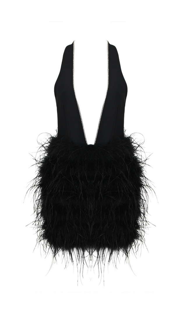 AIIZIE PLUNGE HALTER NECK FAUX FEATHER MINI DRESS - product image