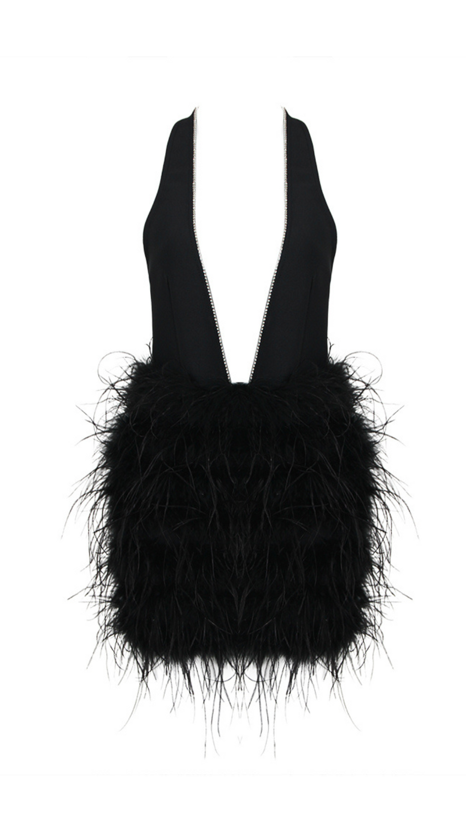 PLUNGE HALTER NECK FAUX FEATHER MINI DRESS
