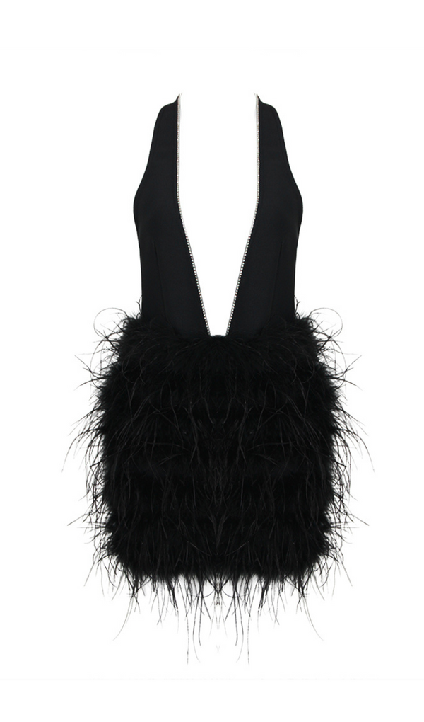 PLUNGE HALTER NECK FAUX FEATHER MINI DRESS