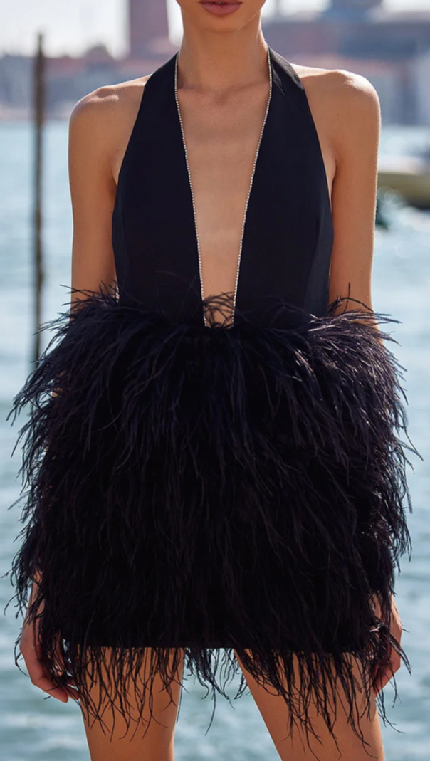 AIIZIE PLUNGE HALTER NECK FAUX FEATHER MINI DRESS - product image