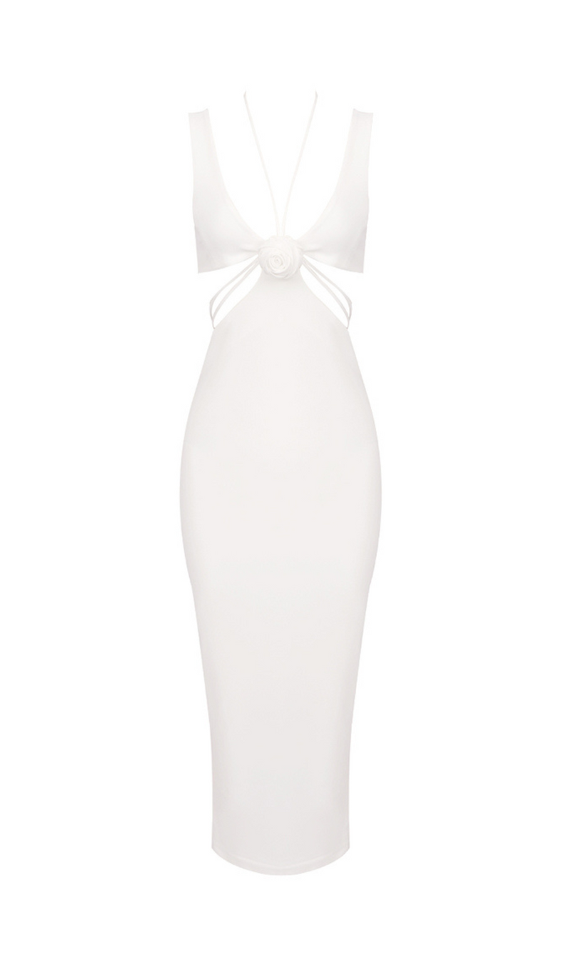 FLOWER CUT OUT BODYCON MIDI DRESS IN WHITE