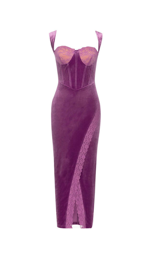 Maxi-Samtkleid mit Spitzenkorsett Pflaume 