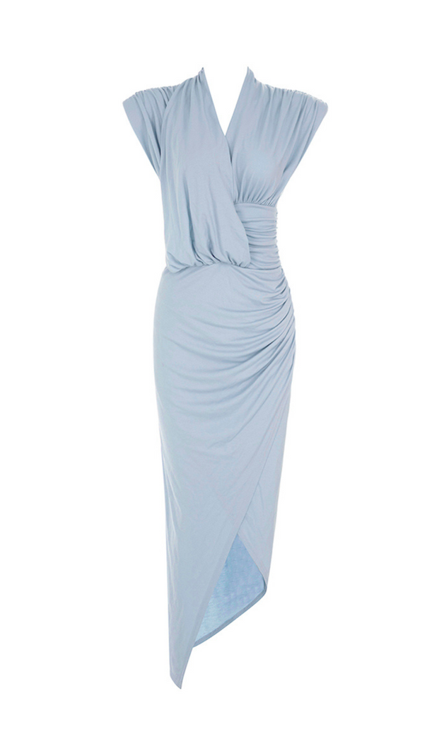 AIIZIE SHOULDER PADS RUFFLED V-NECK ASYMMETRIC HEM DRESS - product image
