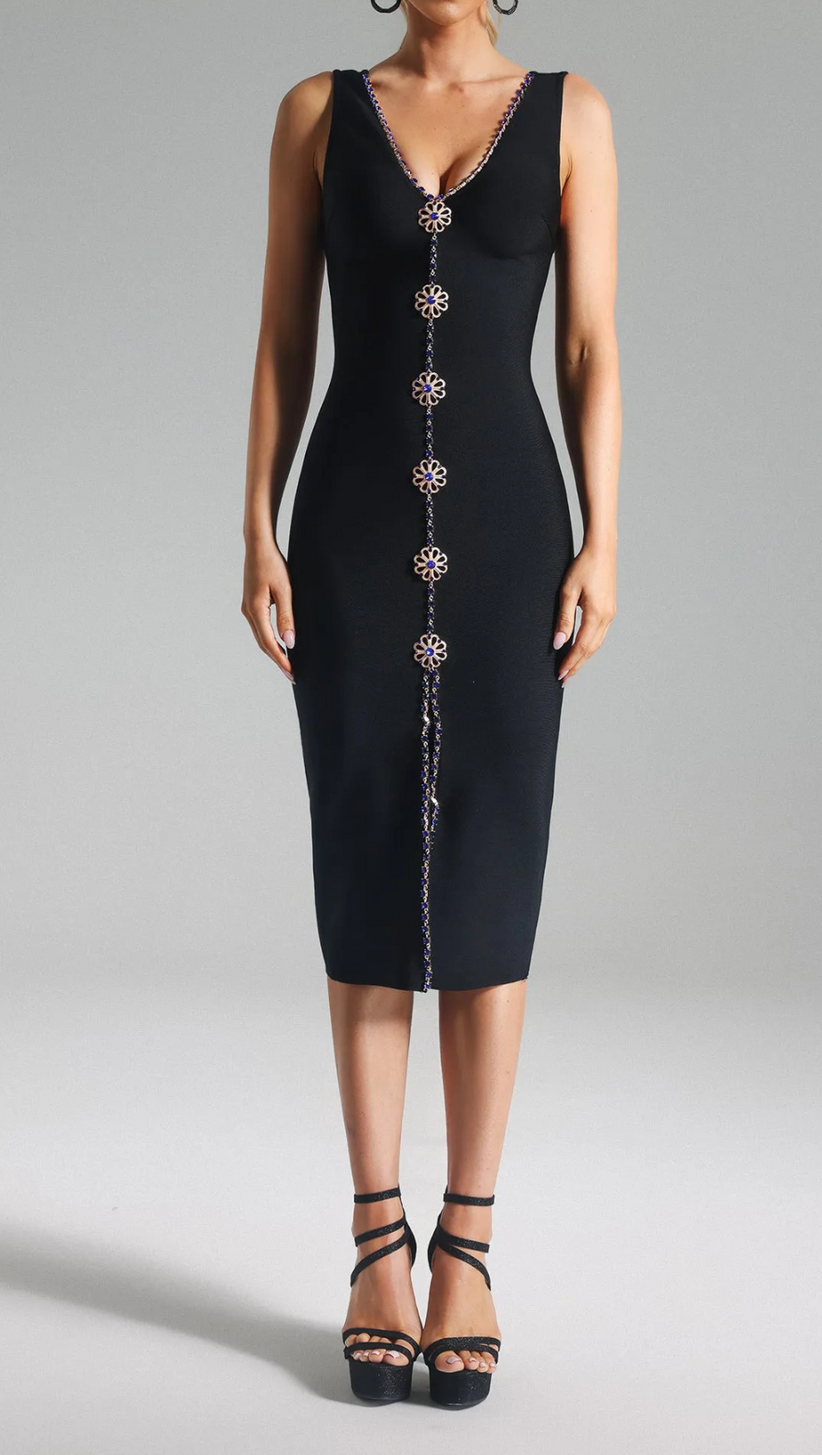 BLUE CRYSTAL EMBELLISHED MIDI BANDAGE DRESS