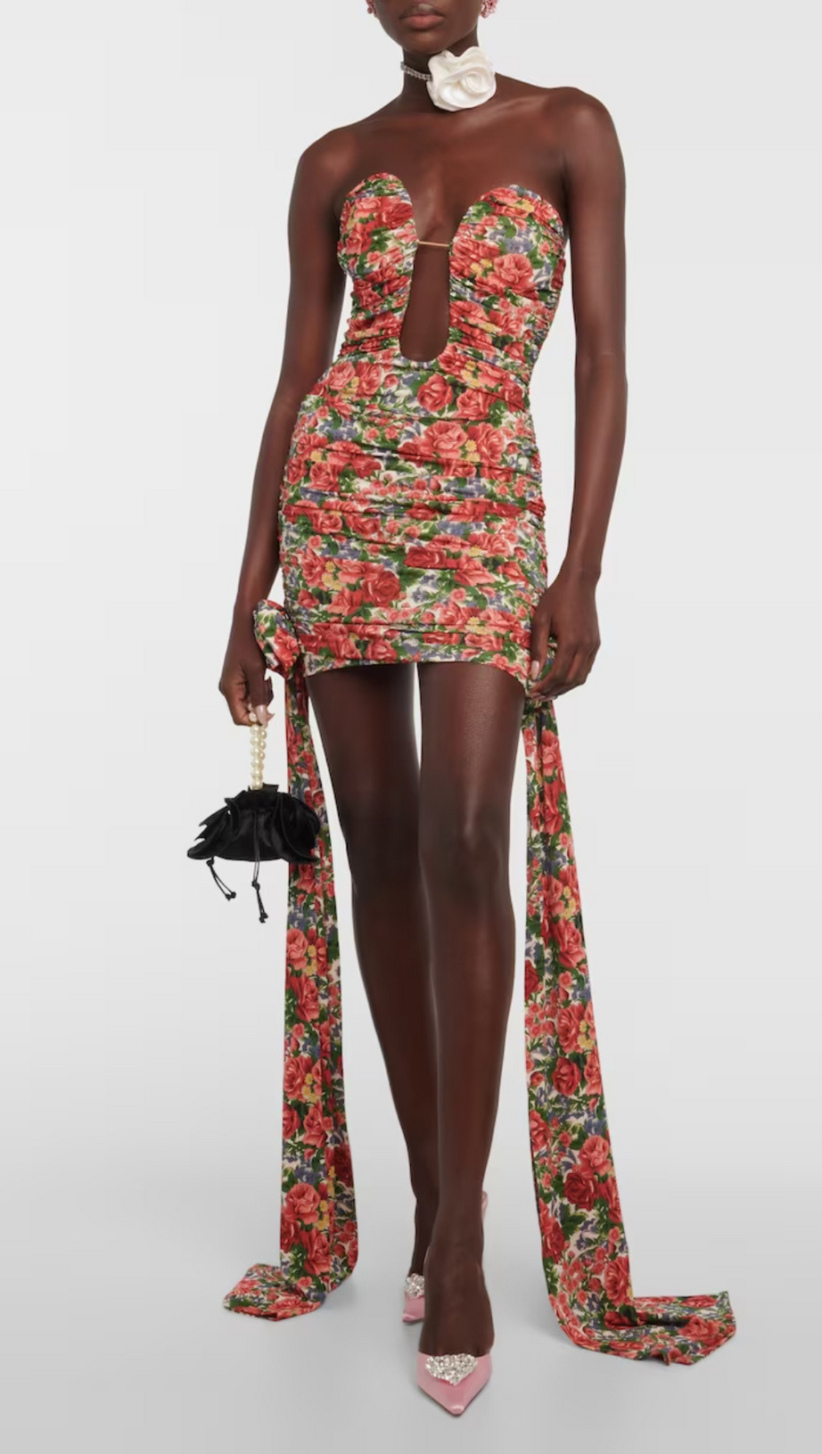 ABITO FLOREALE DRAPPEGGIATO CON TAGLIO SENZA SPALLINE 