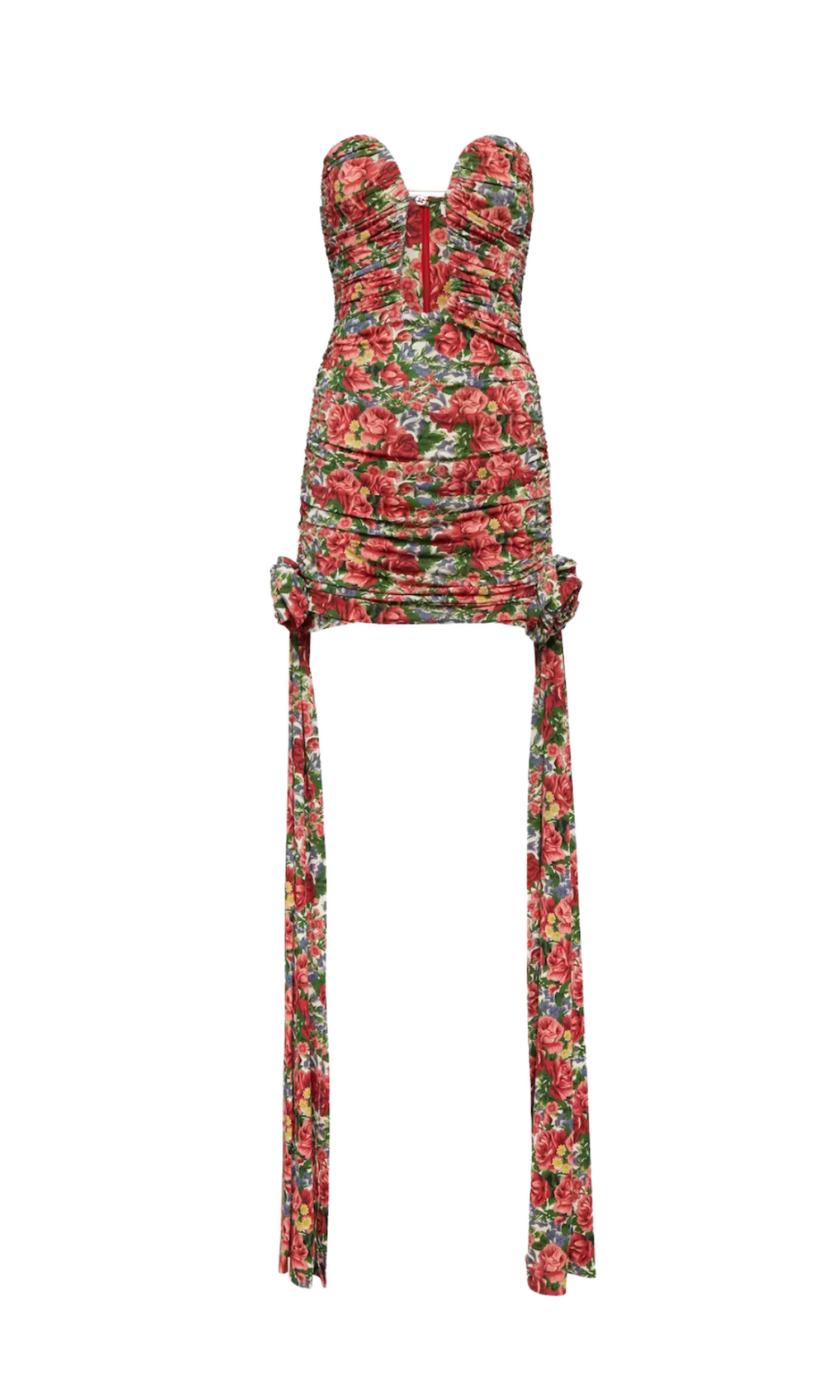 TRÄGERLOSES, DRAPIERTES KLEID MIT CUTOUTS UND BLUMENMUSTER 
