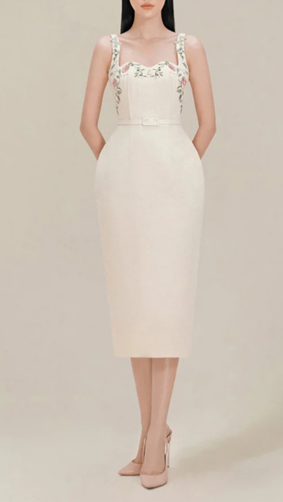 MIDIKLEID MIT MASCHINENSTICKEREI UND HÜFTENRIEMEN 