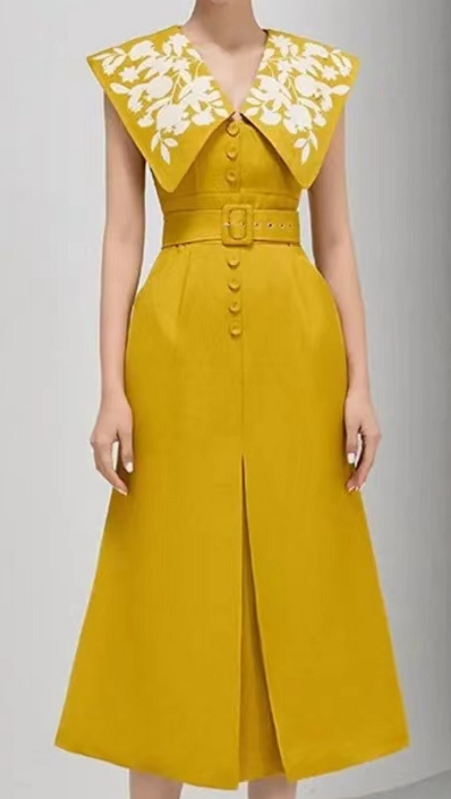 V NECK SLEEVELESS FLOWER HOOK SLIT DRESS