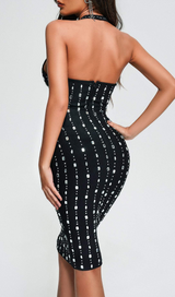 RHINESTONE STUDDED HALTER NECK MIDI DRESS