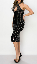 RHINESTONE STUDDED HALTER NECK MIDI DRESS