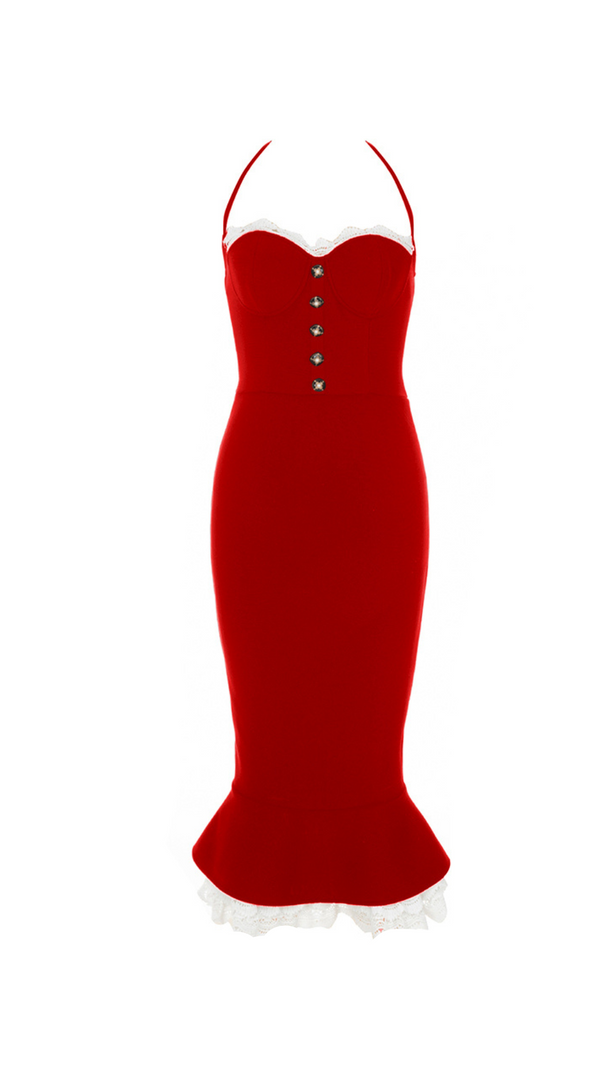 AIIZIE RED LACE BUTTON FRONT MERMAID HEM BANDAGE DRESS - product image