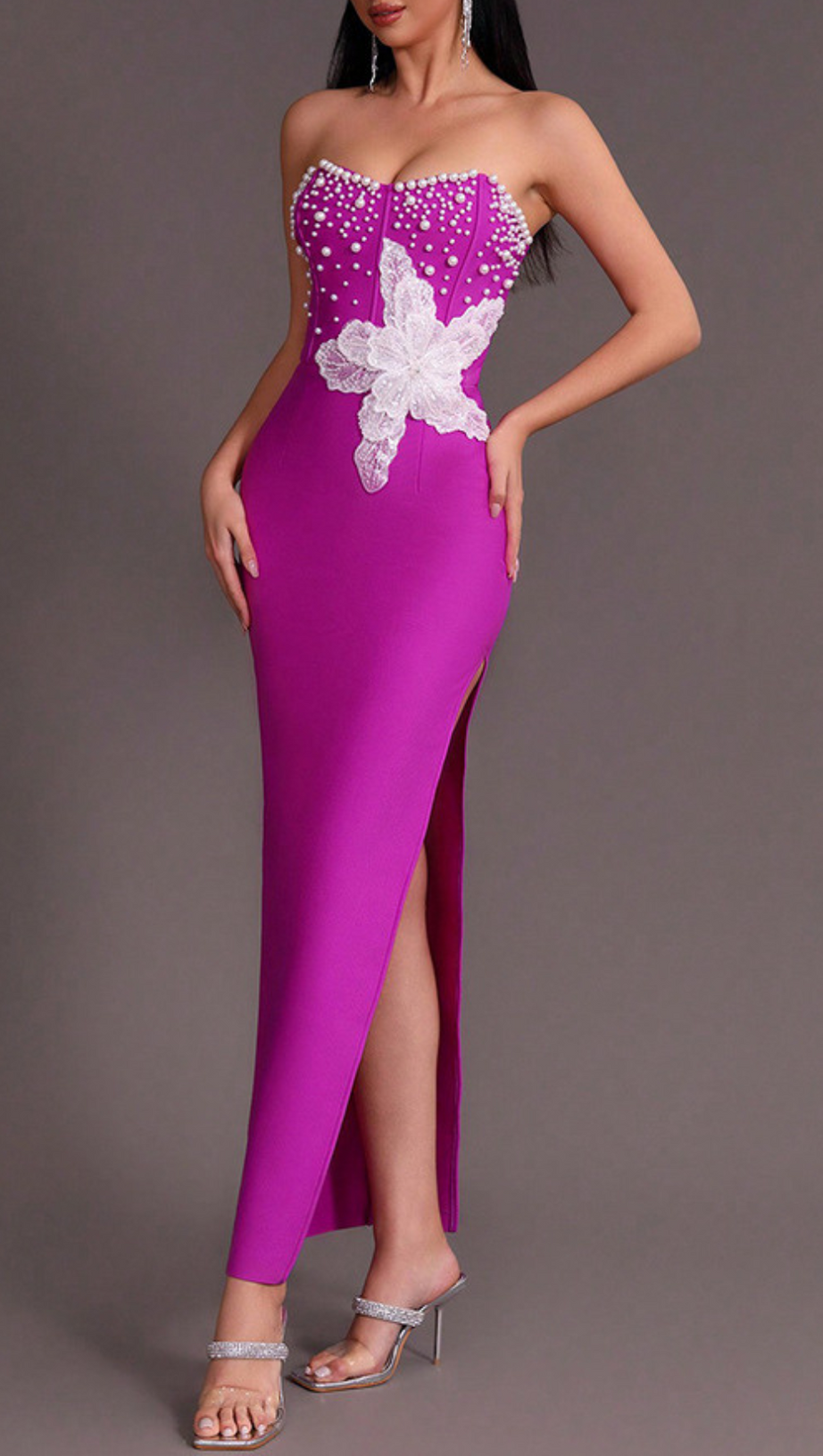 PURPLE BEADED STRAPLESS SIDE SLIT BANDAGE DRESS
