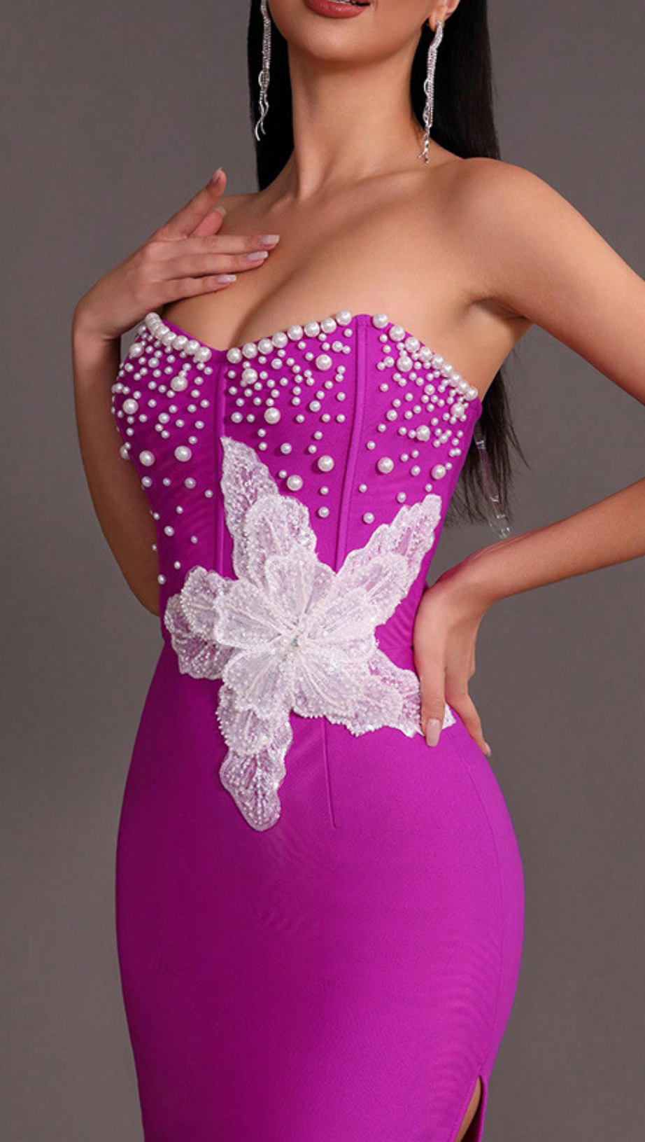 PURPLE BEADED STRAPLESS SIDE SLIT BANDAGE DRESS
