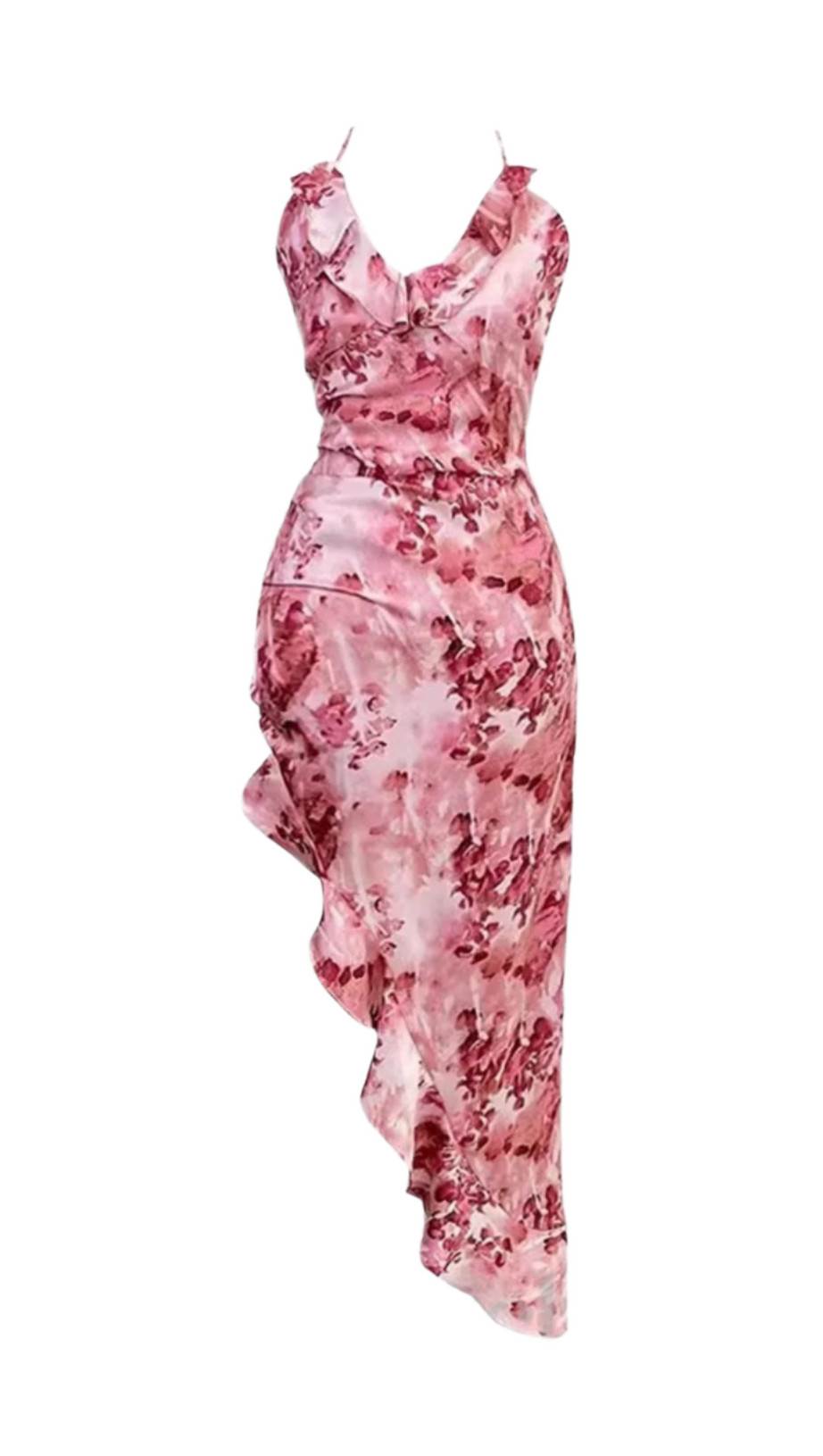 SCHIEFES KLEID MIT BLUMENMUSTER UND RÜSCHEN