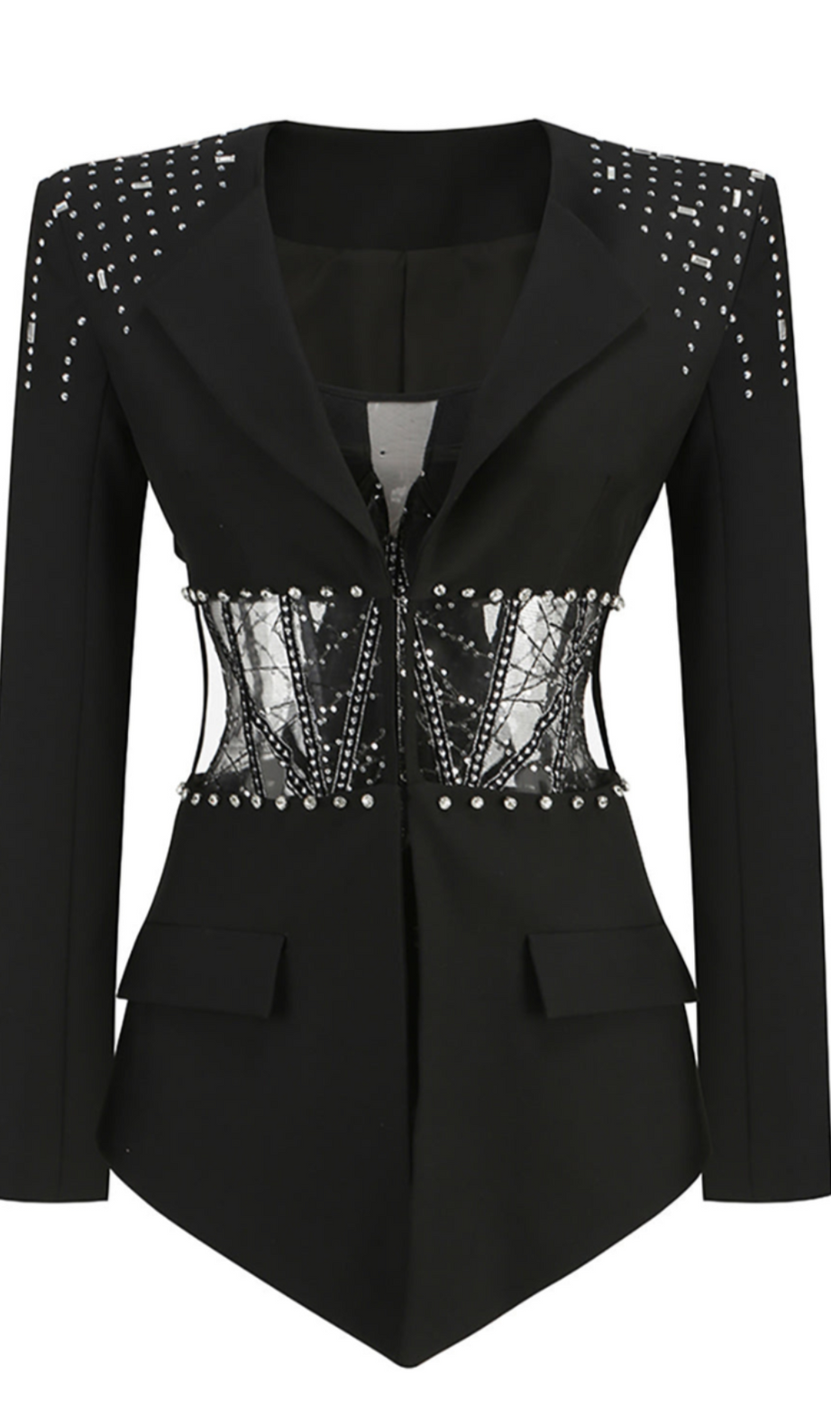 STRAPLESS JUMPSUIT LONG SLEEVE RHINESTONE BLAZER