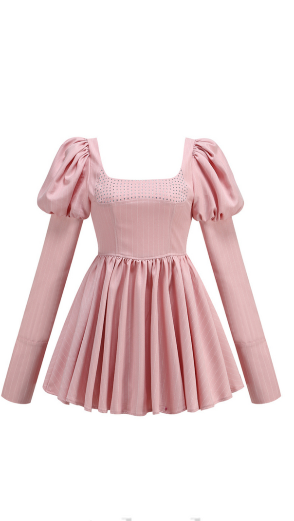 AIIZIE PUFF LONG SLEEVE CRYSTAL CORSET A LINE DRESS IN PINK - product image