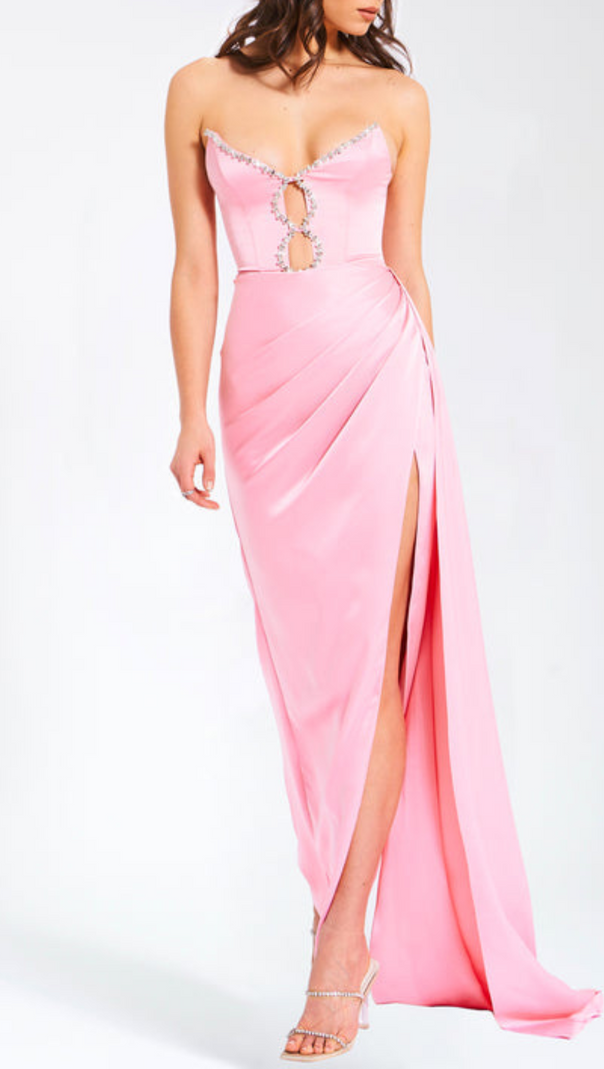 AIIZIE PINK SATIN CRYSTAL EMBELLISHED HIGH SLIT GOWN - product image