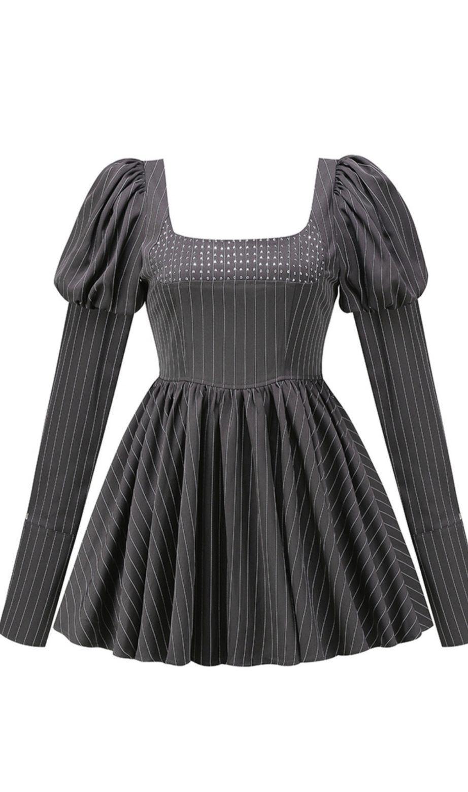 PUFF LONG SLEEVE CRYSTAL CORSET A LINE DRESS IN BLACK