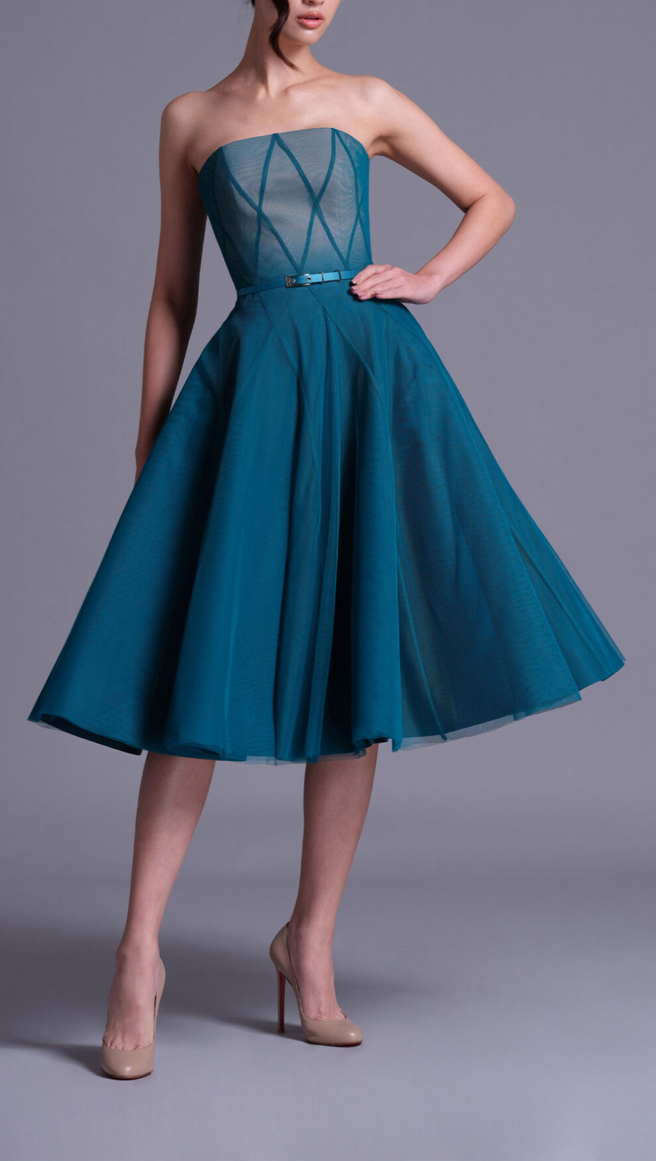 TEAL OMBRE SOFT NET MIDI DRESS