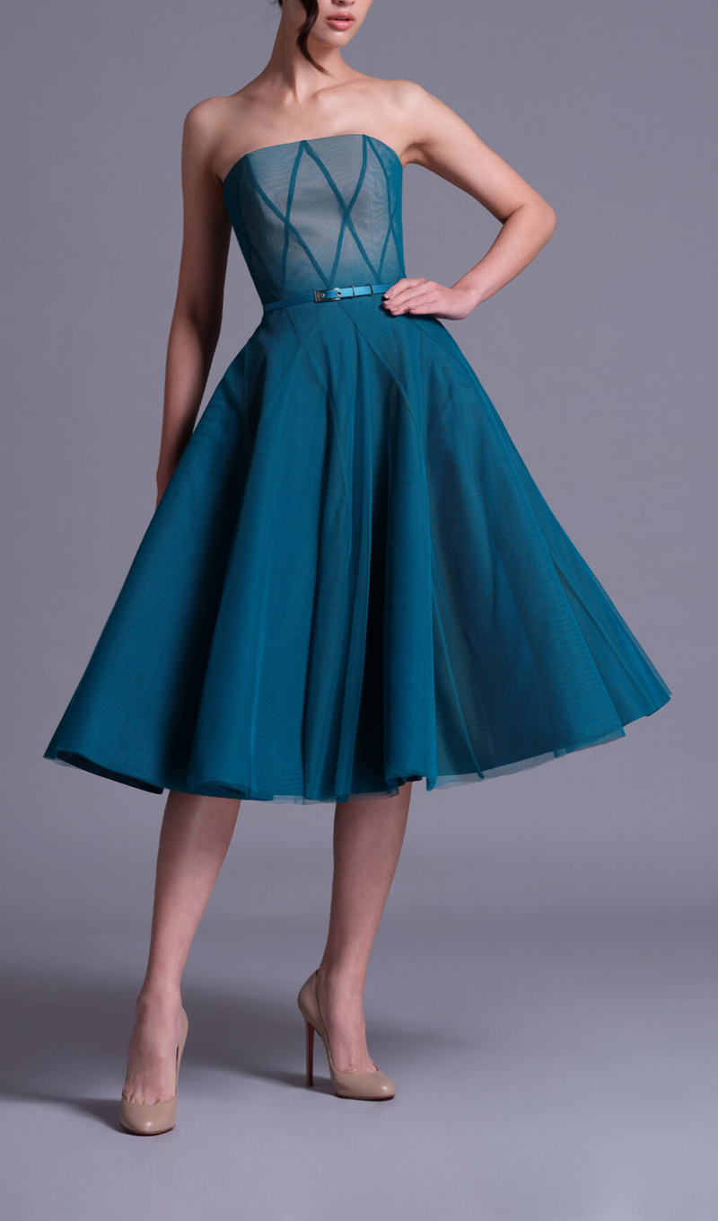 TEAL OMBRE SOFT NET MIDI DRESS