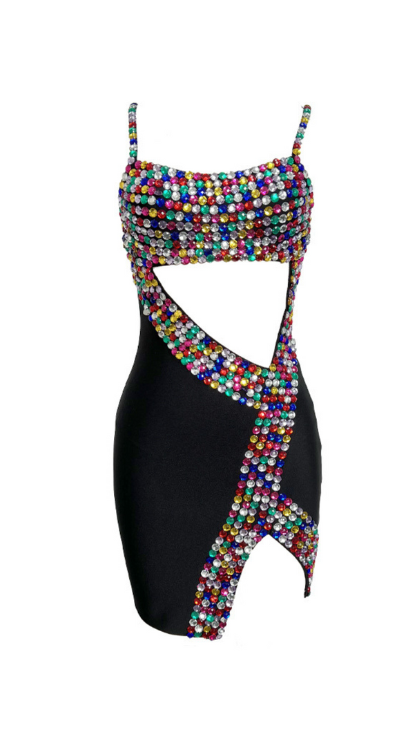 AIIZIE CRYSTAL EMBELLISHED CUT OUT SLIT MINI DRESS IN BLACK - product image