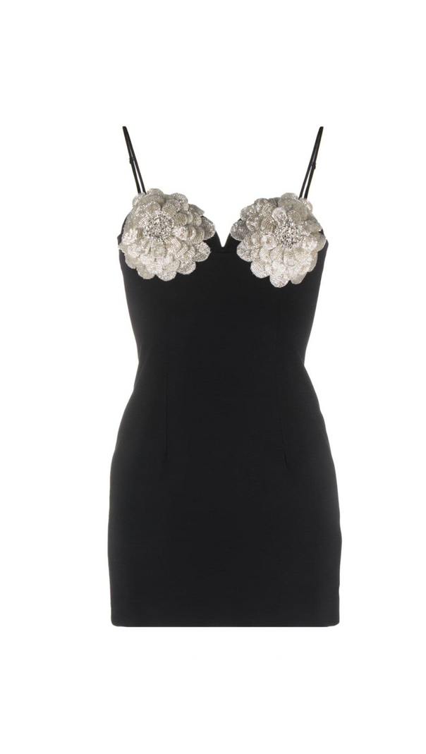 AIIZIE BLACK FLORAL-APPLIQUÉ CRYSTAL-EMBELLISHED MINI DRESS - product image
