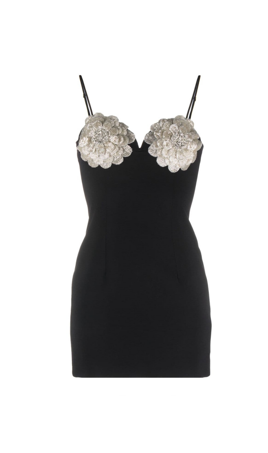 SCHWARZES MINIKLEID MIT BLUMENAPPLIKATIONEN UND KRISTALLVERZIERUNG