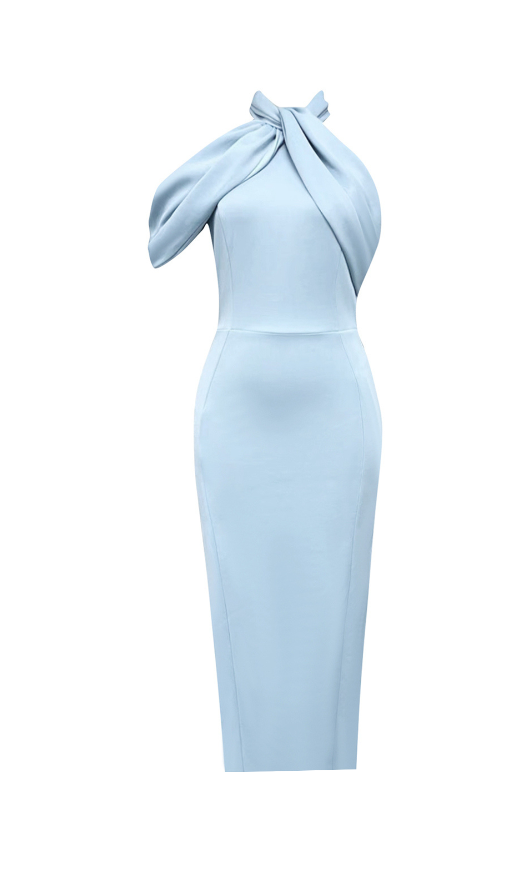 CROSS NECK BODYCON MIDI DRESS IN BLUE