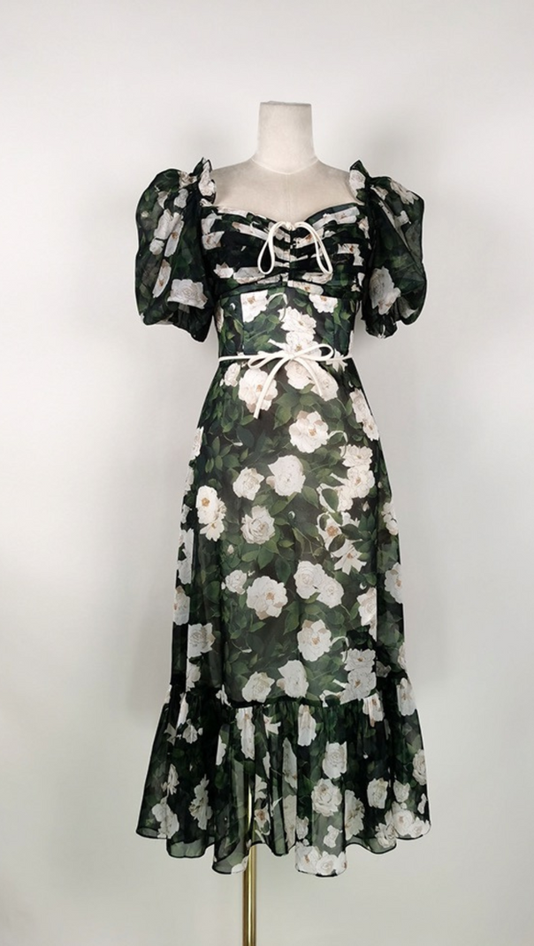 AIIZIE PUFF SLEEVE FLORAL PRINTED MIDI DRESS IN GREEN - product image