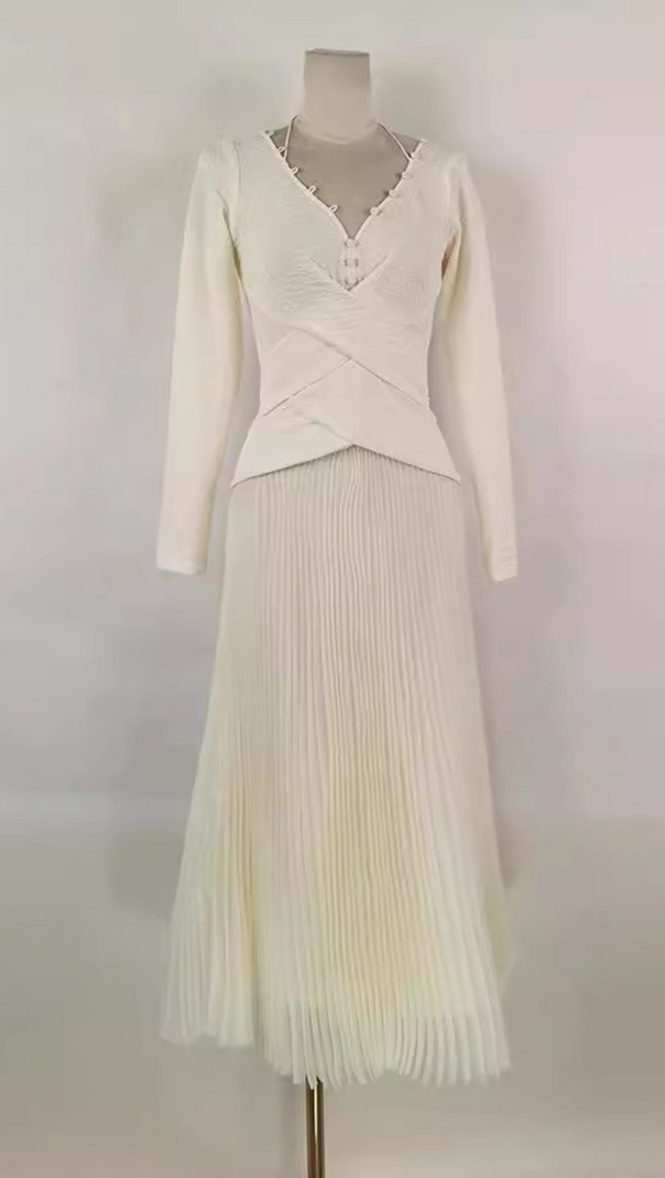 AIIZIE V NECK PLEATED MAXI DRESS IN IVORY - product image