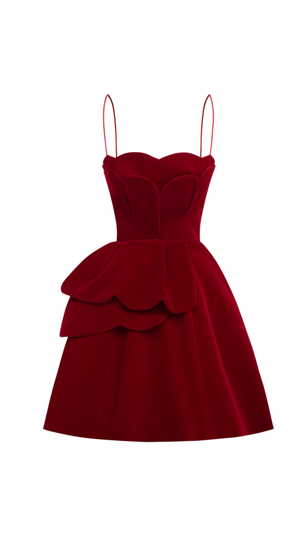 AIIZIE RUCHED TRIM VELVET MINI DRESS IN RUBY RED - product image