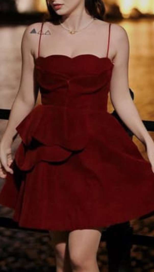 AIIZIE RUCHED TRIM VELVET MINI DRESS IN RUBY RED - product image