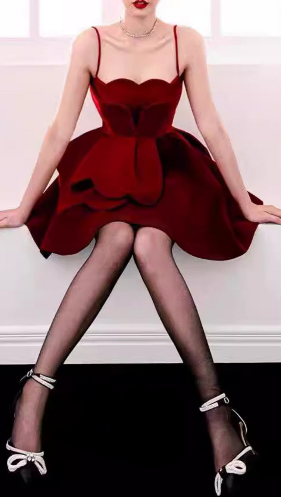 RUCHED TRIM VELVET MINI DRESS IN RUBY RED