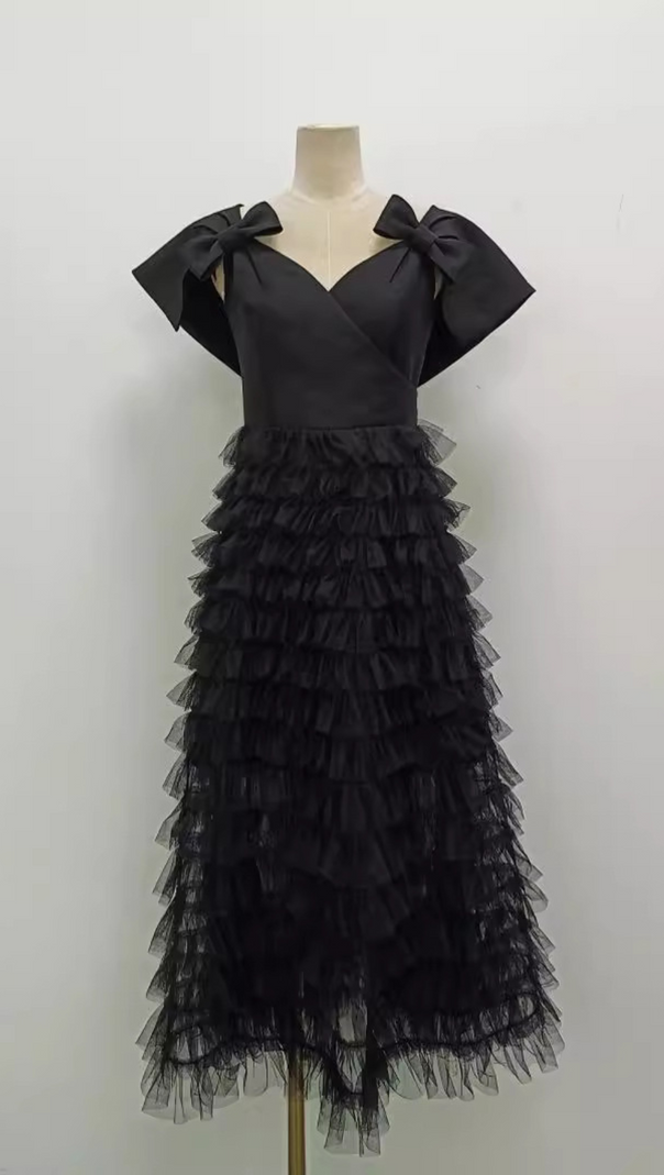 AIIZIE V NECK MESH RUFFLES PATCHWORK BOWKNOT MIDI DRESS - product image