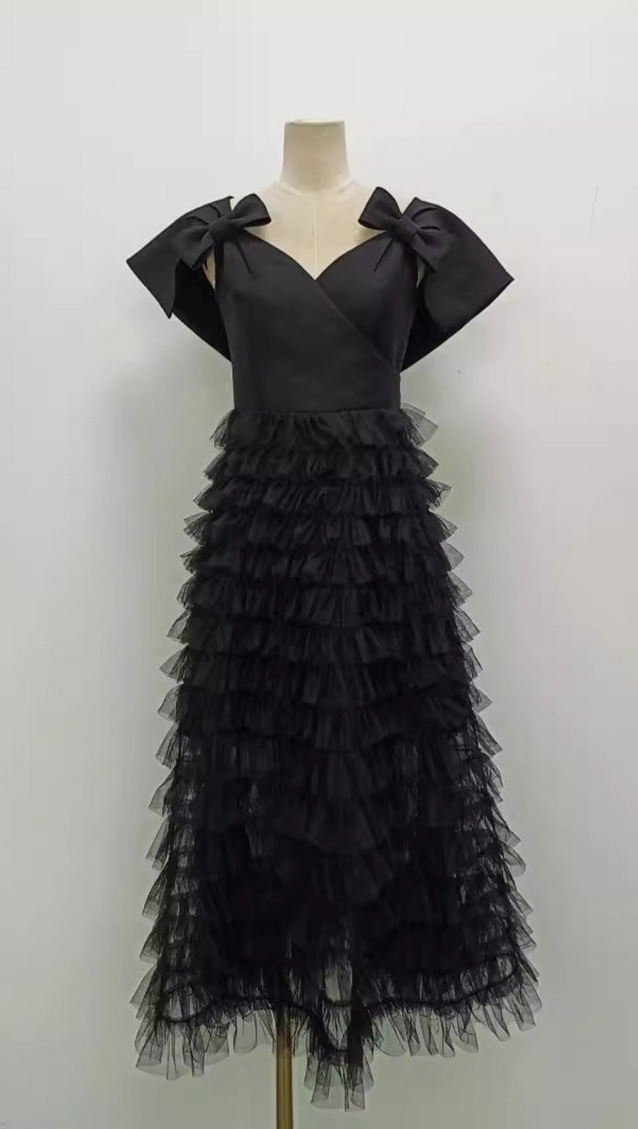 V NECK MESH RUFFLES PATCHWORK BOWKNOT MIDI DRESS