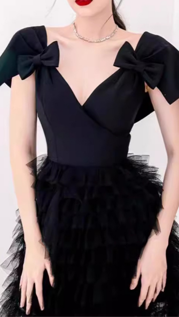AIIZIE V NECK MESH RUFFLES PATCHWORK BOWKNOT MIDI DRESS - product image