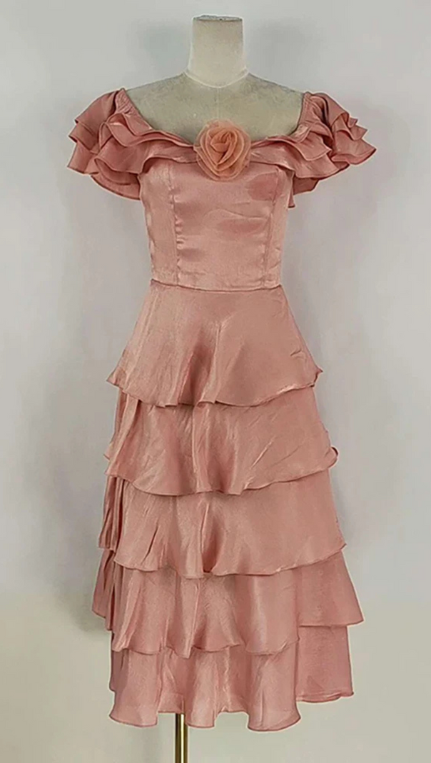 AIIZIE STACK RUFFLES TRIM 3D FLOWER MIDI DRESS IN PINK - product image