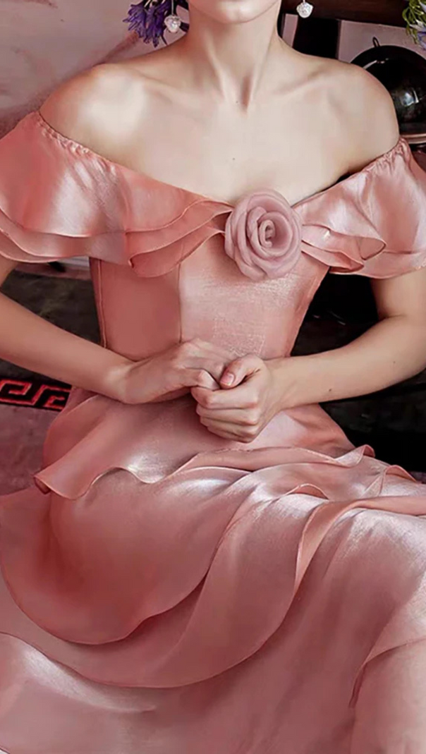 AIIZIE STACK RUFFLES TRIM 3D FLOWER MIDI DRESS IN PINK - product image