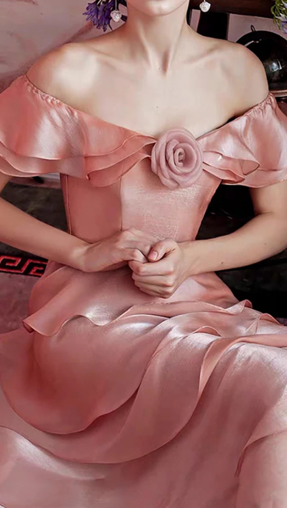 STACK RUFFLES TRIM 3D FLOWER MIDI DRESS IN PINK