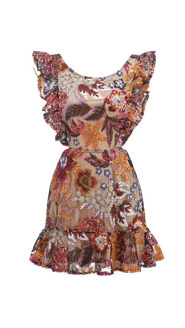 AIIZIE RUFFLE FLORAL SEQUIN EMBROIDERED MINI DRESS - product image