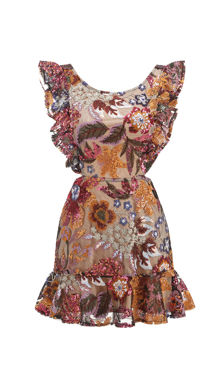 RUFFLE FLORAL SEQUIN EMBROIDERED MINI DRESS