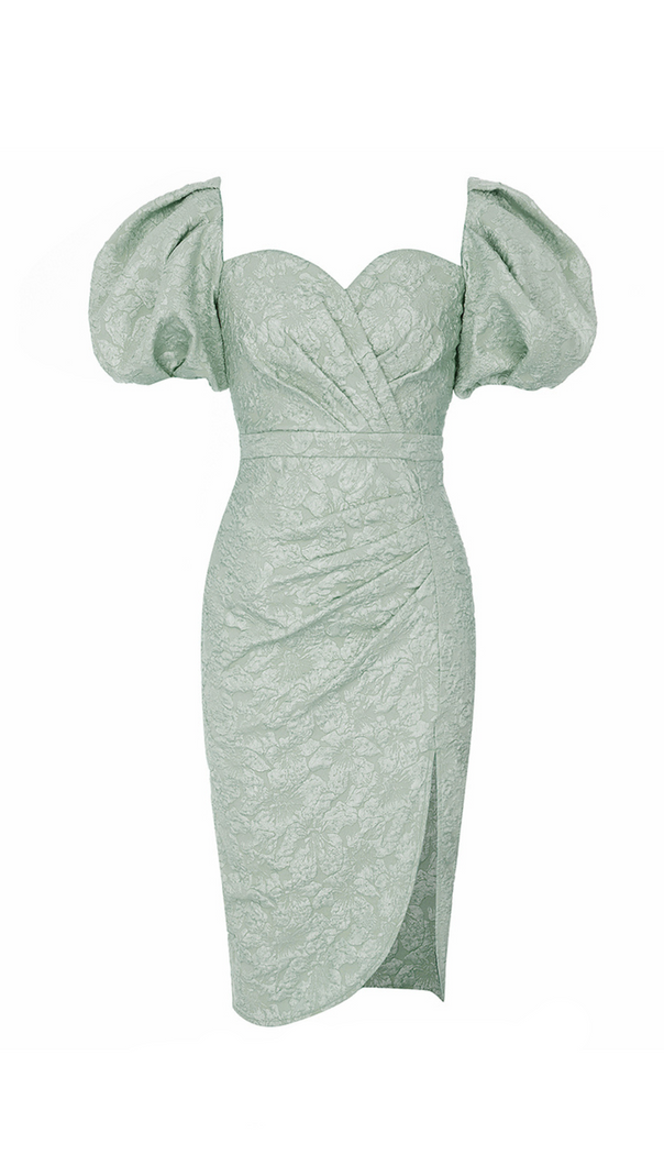 AIIZIE GREEN SWEETHEART NECK PUFF SLEEVE SPLIT THIGH DRESS - product image
