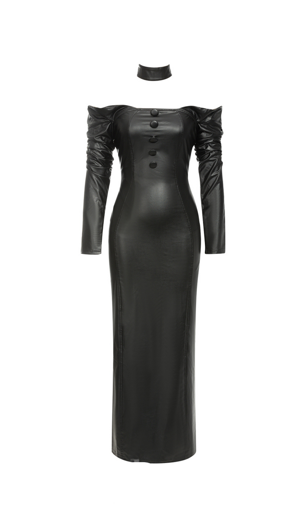 AIIZIE BLACK OFF-SHOULDER LONG-SLEEVED LEATHER DRESS WITH SLIT - product image