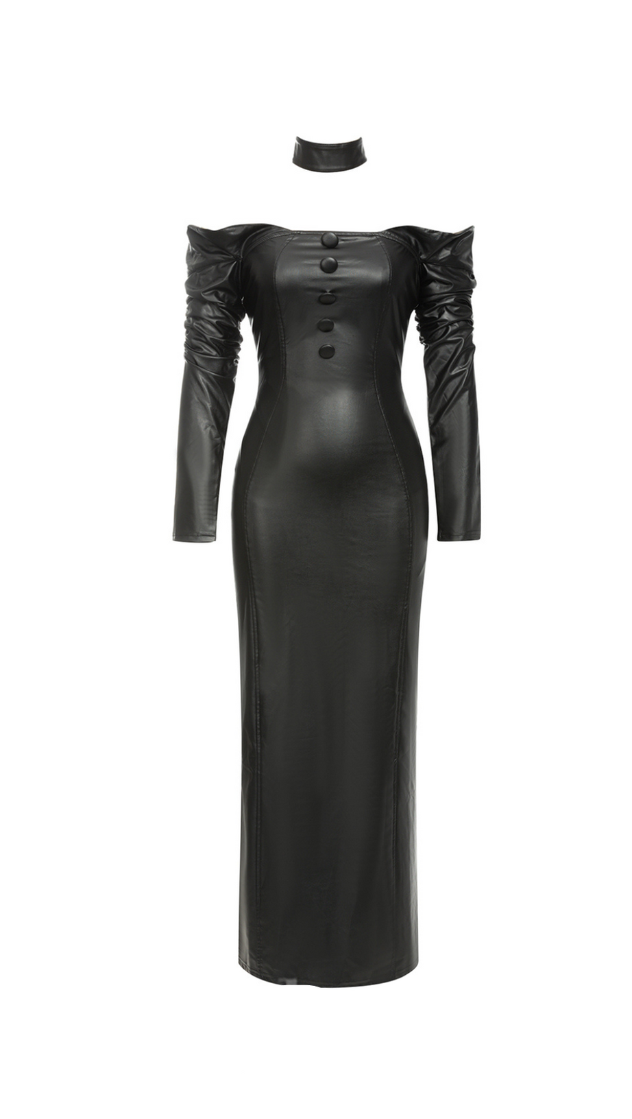 BLACK OFF-SHOULDER LONG-SLEEVED LEATHER DRESS WITH SLIT